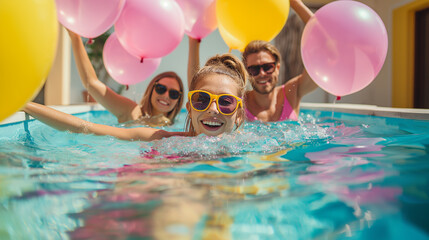 Wall Mural - there are two women and a man in the pool with balloons