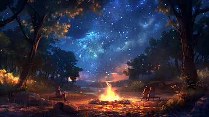 Wall Mural - there are people sitting around a campfire in the woods