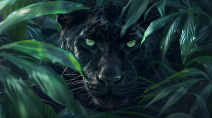 Canvas Print - there is a black leopard with green eyes in the jungle