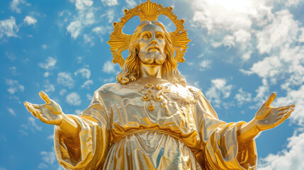 Wall Mural - A photograph of Jesus Christ, golden statue, arms extended outward, front view highlighting the compassionate expression, with a vivid blue sky in the background