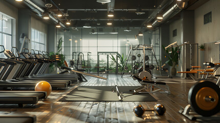 Wall Mural - there is a gym with tread machines and a ball on the floor