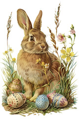 Poster - there is a rabbit sitting in the grass with eggs