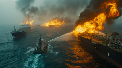 Poster - there are two ships in the water with a fire coming out of them