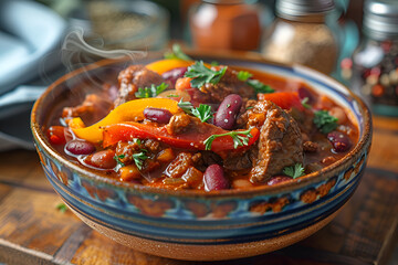 Poster - there is a bowl of stew with meat and vegetables in it