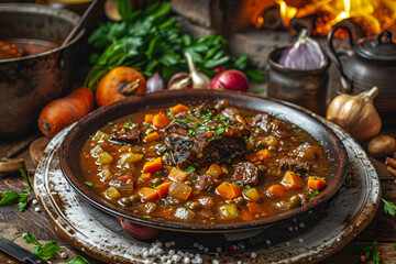 Wall Mural - there is a bowl of stew with meat and vegetables on a plate