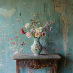 Poster - there is a vase with flowers on a table in front of a wall