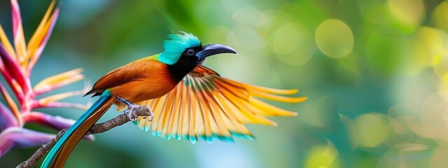 Poster -  A vibrant bird perches atop a tree branch, adjacent to a lush green-red plant adorned with numerous leaves