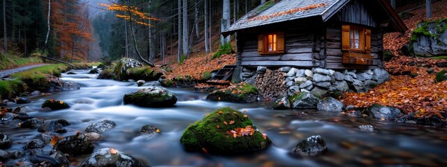 Wall Mural -  A tiny cabin atop a verdant hill, beside a winding river, and before a forest teeming with trees