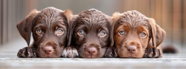 Poster -  Three puppies lie together on a wooden floor