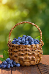 Sticker - ripe blueberries in wicker basket on wooden table outdoors