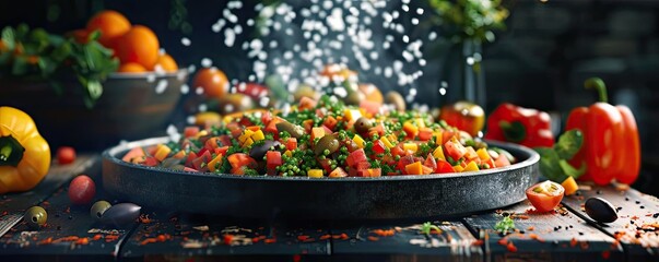 A vibrant dish with fresh vegetables and herbs, garnished with a sprinkle of salt, perfect for food photography.