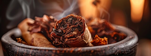  A tight shot of a wooden bowl brimming with an assortment of cigars, exuding copious amounts of smoke