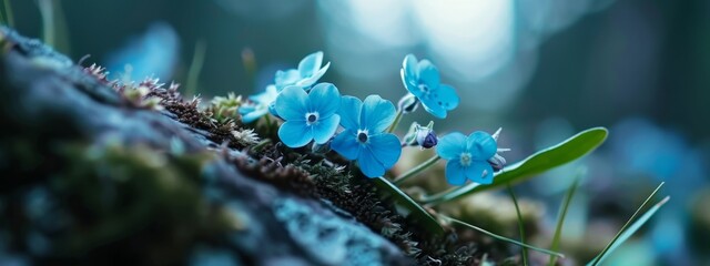 Wall Mural -  A group of blue flowers sits atop a moss-covered forest, blanketed in lichen