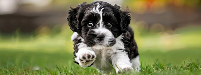 Wall Mural -  A black-and-white puppy sprints through a lush green field, its front paws elevated