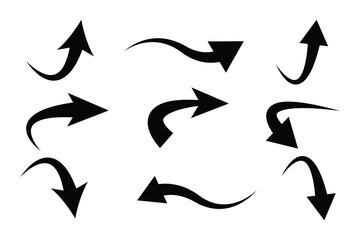 Poster - black arrows of various shapes set. curve arrow collections. realistic arrow twisted in various dire