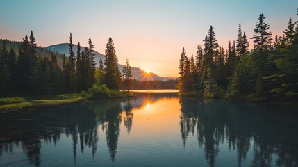 A serene landscape with a lake reflecting the setting sun and surrounding mountains.