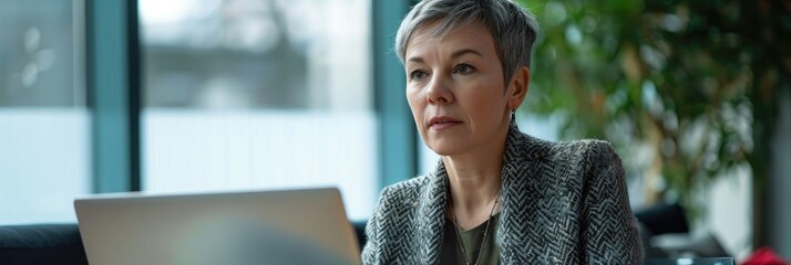 Poster - Middle aged businesswoman with short hair working on laptop in office