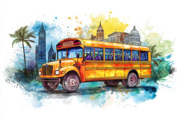 Colorful artistic illustration of a yellow school bus against a vibrant cityscape backdrop with landmarks and palm trees.