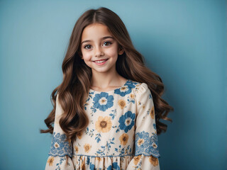 Wall Mural - portrait of a beautiful smiling girl with long brown hair in a floral dress against a blue background.