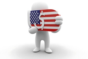 3D Man Character Pushing US Flag Dollar Symbol 3D Illustration