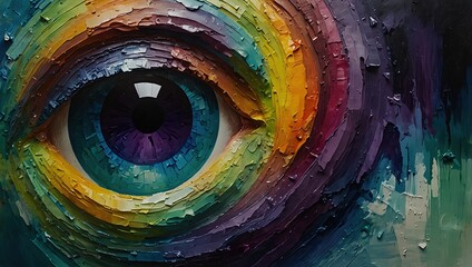 Oil painting. Conceptual abstract picture of the eye. Oil painting in colorful colors. Conceptual abstract closeup of an oil painting and palette knife on canvas