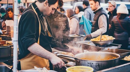 A chef preparing aromatic curry at a street food stall, surrounded by curious customers