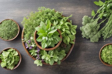 Wall Mural - Flat-lay Herbs on a wooden table