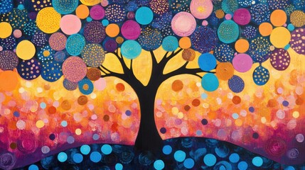 Poster - A colorful abstract tree with vibrant dots against a gradient background captivates the viewer's imagination