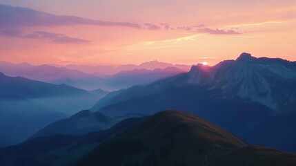 Wall Mural - A mountain range with a pink sunrise behind them.