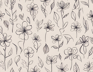 Simplicity seamless  Vector set of hand drawn, single continuous line flowers, leaves background