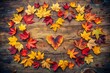 © Caitlin - Delicate autumn leaves fall gently from above, naturally arranging themselves into a heart shape on the rustic ground, symbolizing love and the fleeting beauty of nature.