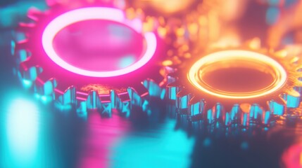 Poster - Intricately designed neon metal gears interlock, showcasing bright colors in a captivating close-up view