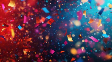 Colorful confetti cascades down a vibrant red and blue background, celebrating joy and excitement