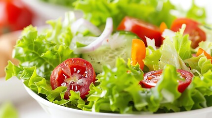 Wall Mural - A close up of a fresh green salad with tomatoes, cucumbers, and onions.