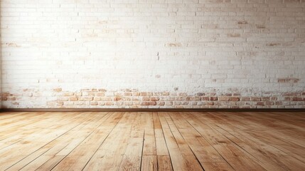 Poster - Bright, empty room features a white brick wall and warm wooden flooring, ideal for various creative projects or activities