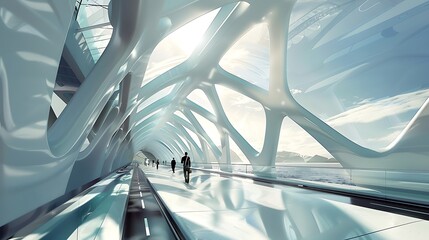 Poster - Futuristic bridge design with a glass and steel structure featuring people walking on the walkway. The bridge offers a clear view of the sky clouds sea and mountains in the distance