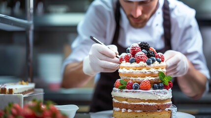 A baker decorating a cake with berries.