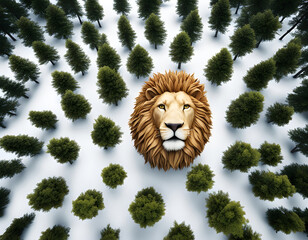 double exposure effect of an lion walking and dark green jungle background