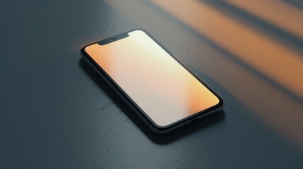 A smartphone with a blank screen lies on a dark surface with orange light.