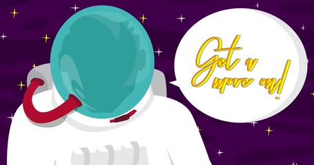 Poster - Astronaut in space with Get a move on! Text. Abstract dancing line cartoon animation. 4k HD Format resolution video.