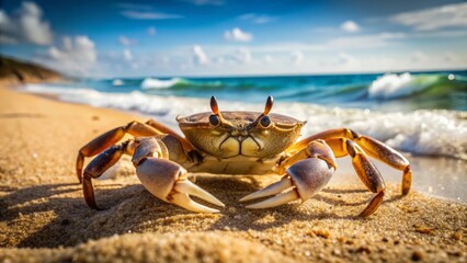 Crab on Beach with Ocean and Blue Sky.