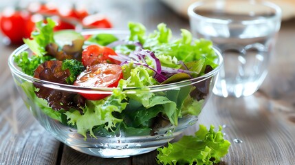 Wall Mural - A bowl of fresh salad with tomatoes, cucumbers, and lettuce.