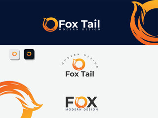 Wolf tail logo design with O letter. Fox wordmark logo design template. Business logo presentation art design. Premium.  Fox tail art