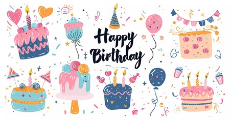 Canvas Print - A set of happy birthday cards with cake and decorations in a vector illustration style. Each card contains the text message 