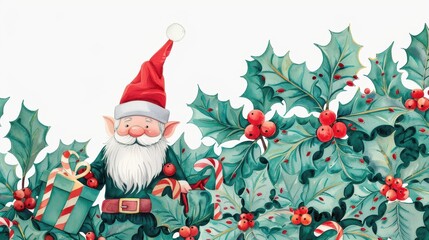 Poster - A festive Christmas holly border features a charming gnome  candy canes and beautifully wrapped gifts in watercolor.