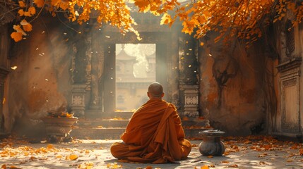 Caucasian monk learning martial arts from an old master monk in a Chinese monastery at sunset