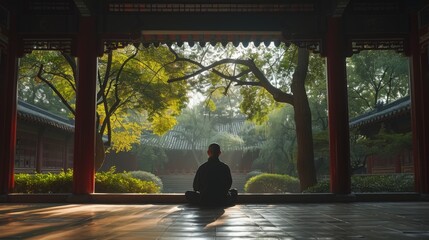 Caucasian monk learning martial arts from an old master monk in a Chinese monastery at sunset