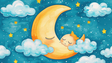 Wall Mural - Delight in this handdrawn watercolor art featuring a sleepy moon, charming stars, and soft cloudsperfect for sweet dreams