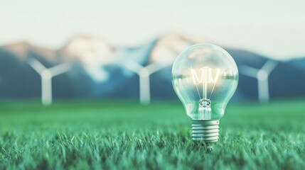 A light bulb stands on lush grass, symbolizing innovation in renewable energy with wind turbines behind it