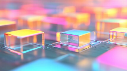 Poster - Colorful geometric blocks create a luminous abstract design with reflections in a tranquil environment